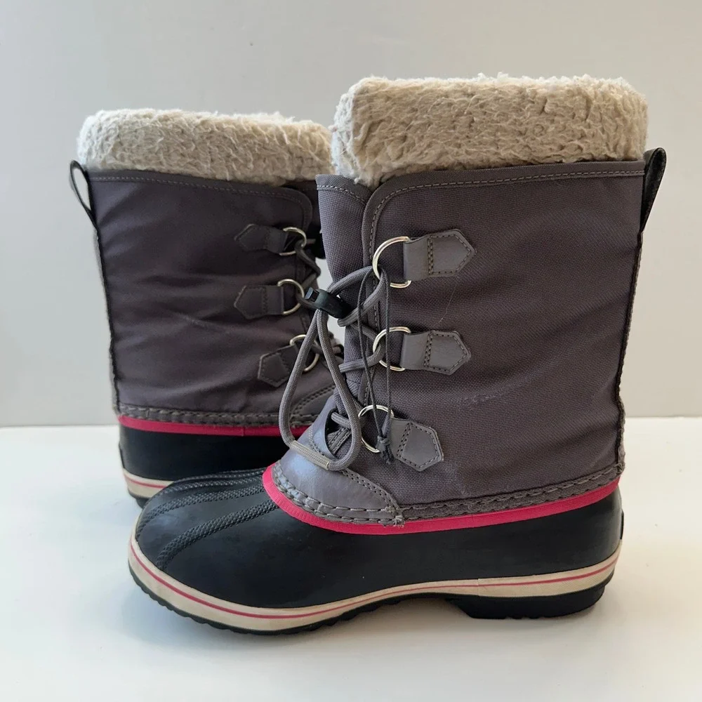 Sorel Waterproof Winter‎ Snow Boots Faux Fur Trim Lace Up Gray Pink Women Size 5